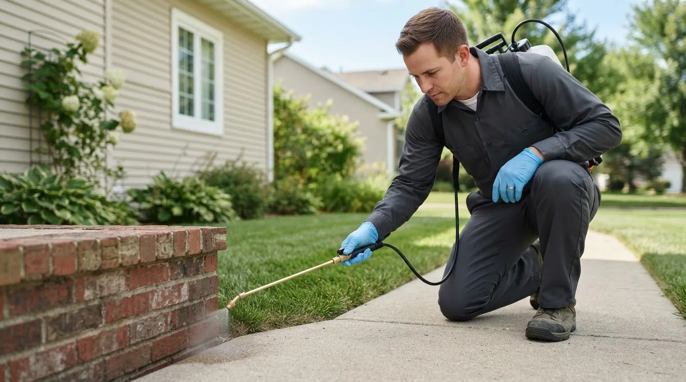 Pest control technician treating a home near Oelrichs, SD